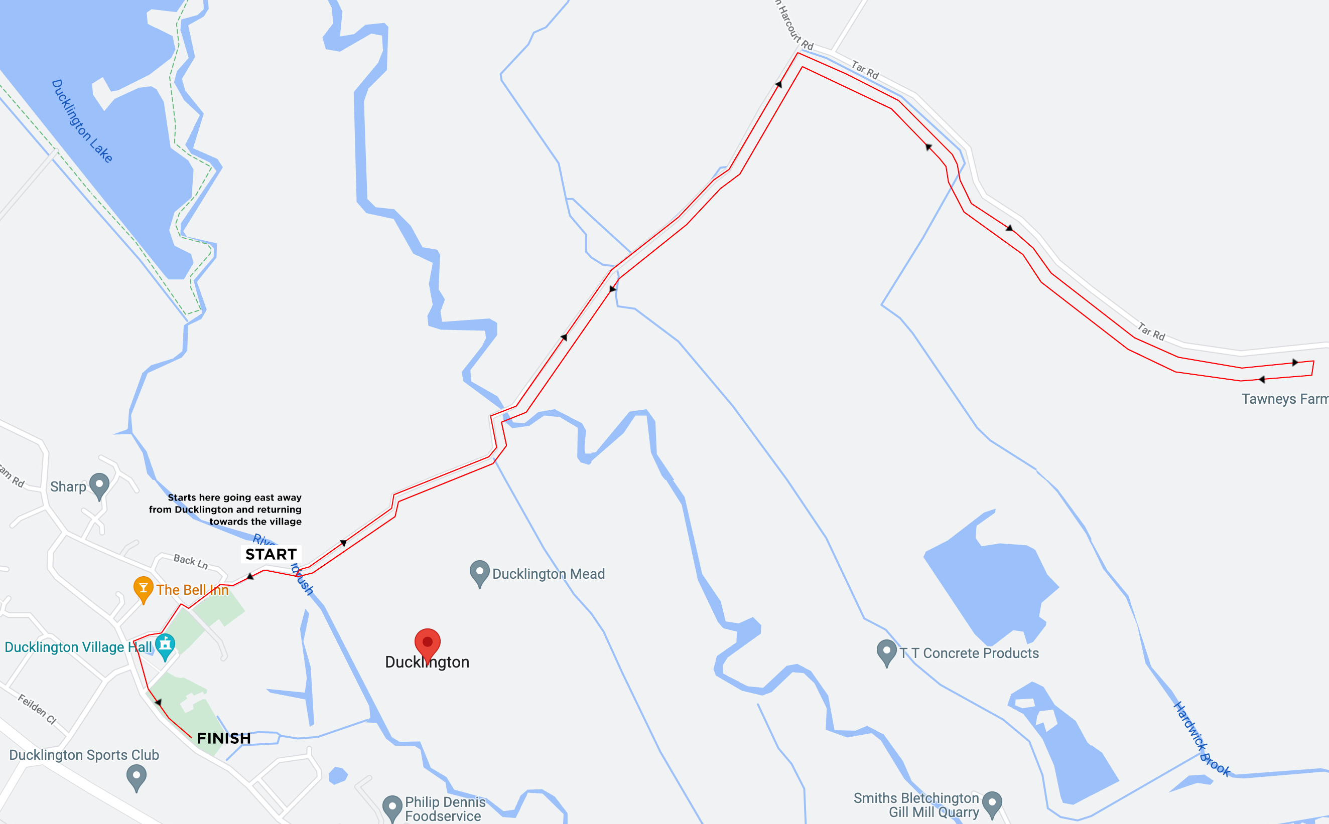 map showing route of the Ducklington Dash